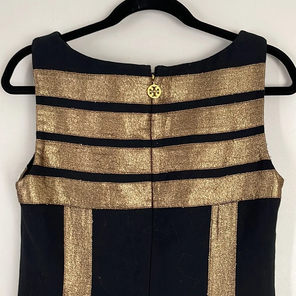 Tory Burch Simca Gold Lame’ Trim Crepe Black Dress Size 2